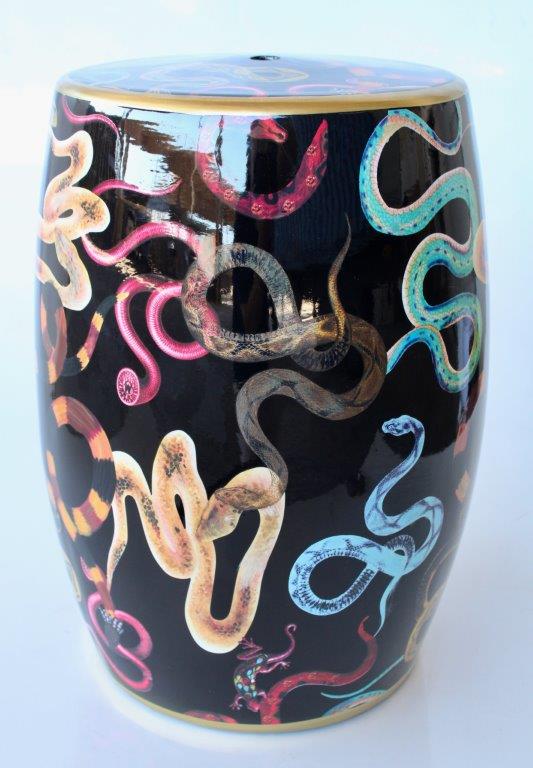 Black Garden Stool Coloured Snakes Design